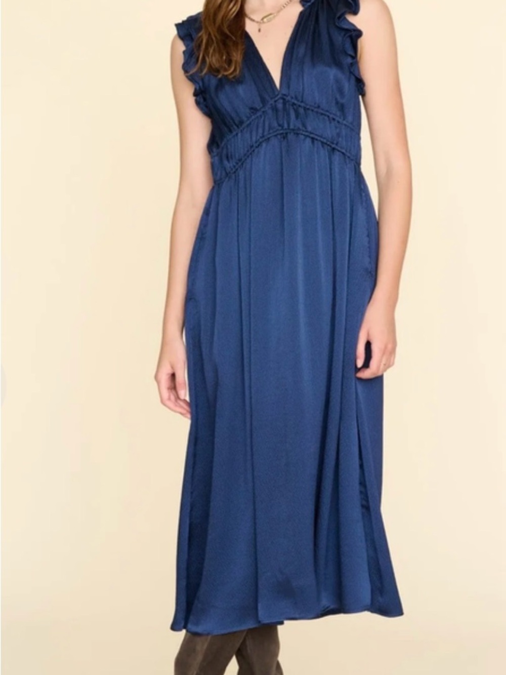 XiRENA Navy Posey Hammered Silk Ruffle V-Neck Dress Size S